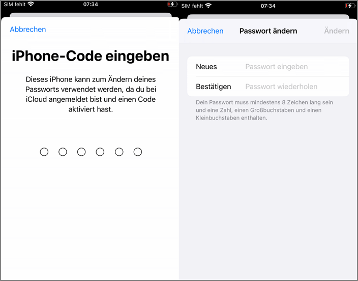 Bildschirmsperre-Code eingeben, um Apple ID Passwort zu ändern
