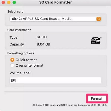 Formatieren einer SD-Karte auf einem Mac mit dem Formatierungstool