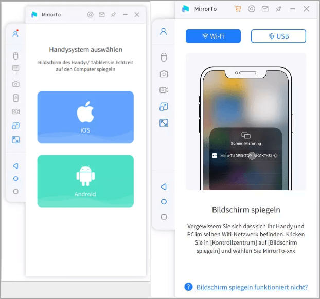MirrorTo: wählen Sie iOS und dann Wi-Fi oder USB