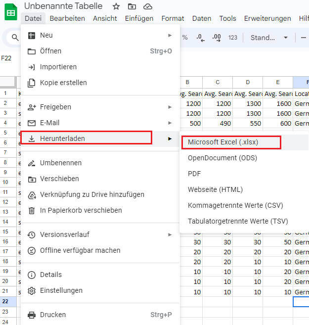 Google Tabelle als Microsoft Excel herunterladen