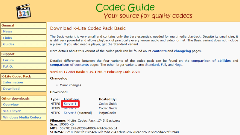 K-Lite Codec Pack　Seite herunterladen