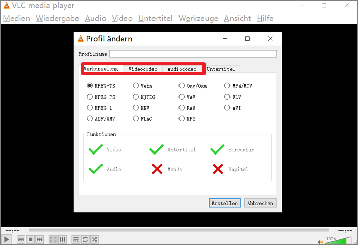 VLC Media Player　 Profil defektes video reparieren