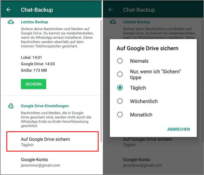 WhatsApp auf Google Drive sichern HÃ¤ufigkeit auswÃ¤hlen