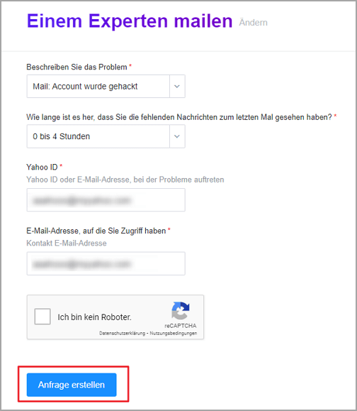 Anfrage erstellen, um Yahoo Mail wiederherzustellen