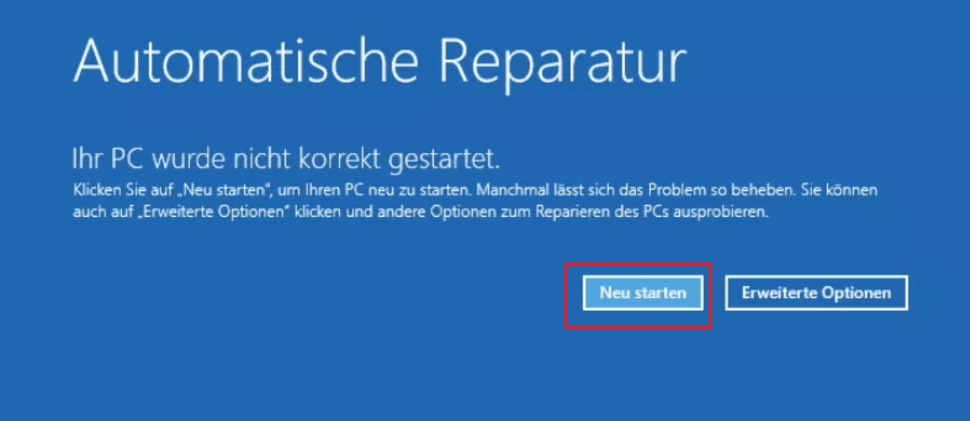 Windows neustarten, um Windows automatische Reparatur zu umgehen