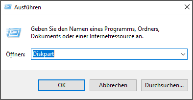 gleichzeitig „Windows+R“ klicken und Diskpart eingeben