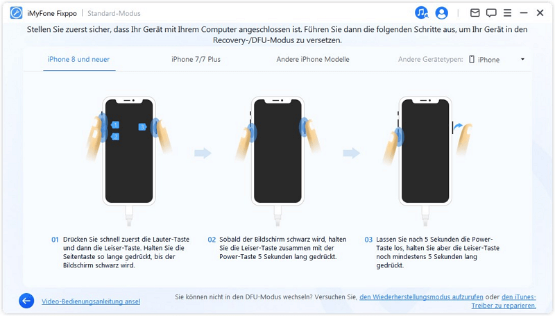 DFU-Modus unter Standardmodus aufrufen iPhone schwarzer Bildschirm beheben