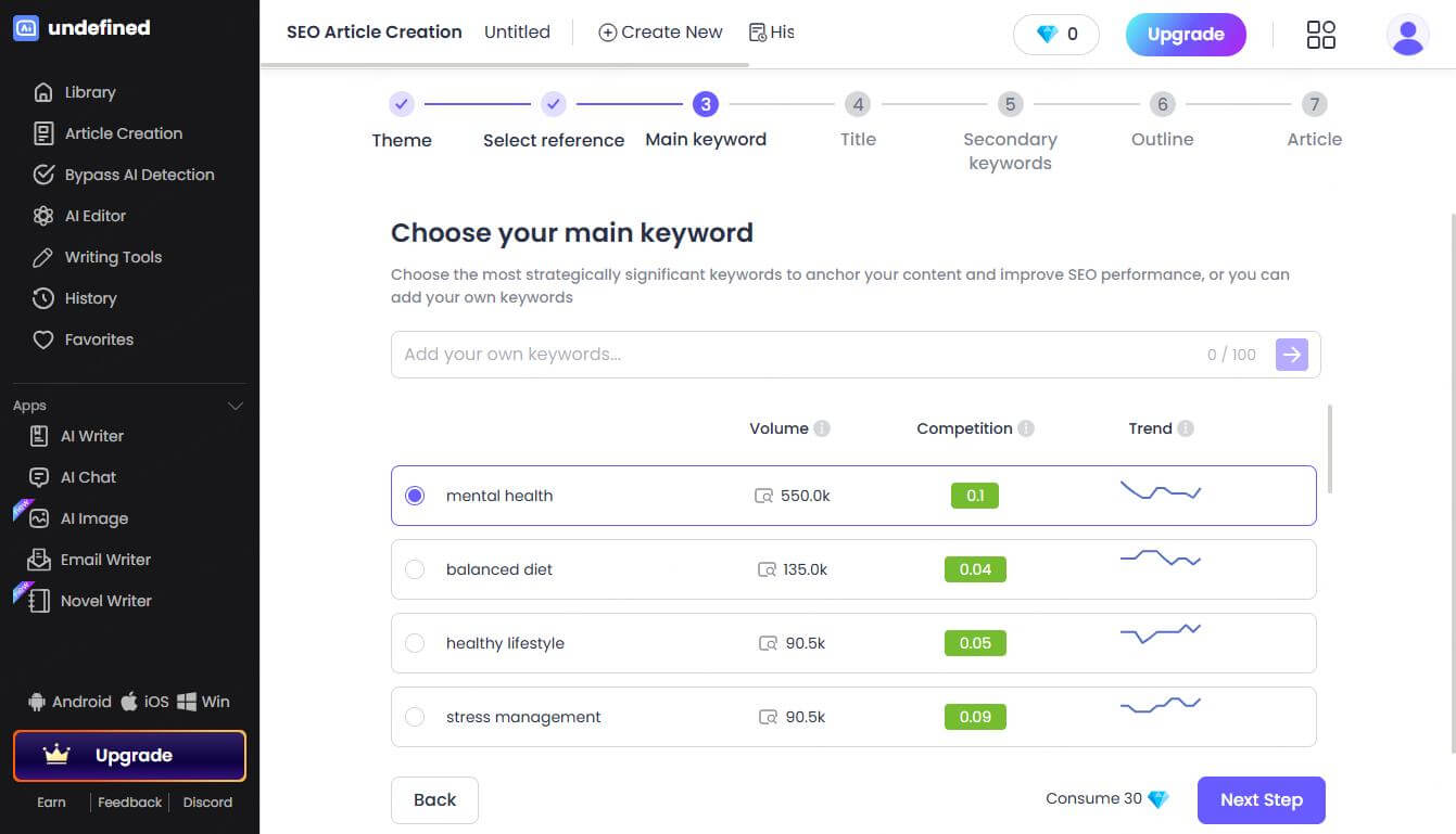 Select main keywords in SEO Writing AI