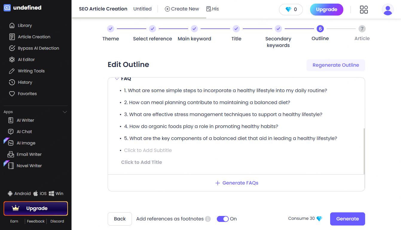 Generate an outline for the article in SEO Writing AI