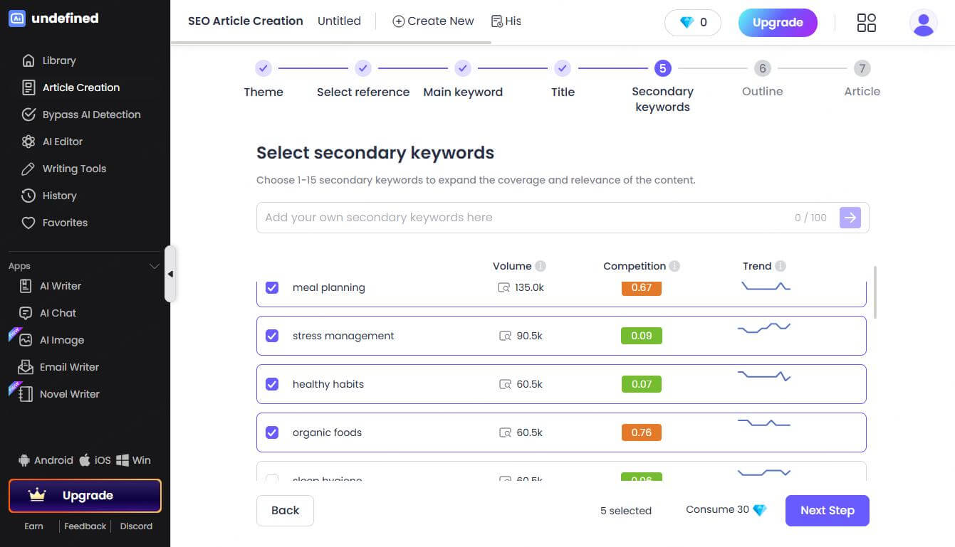 Select secondary keywords in SEO article generator