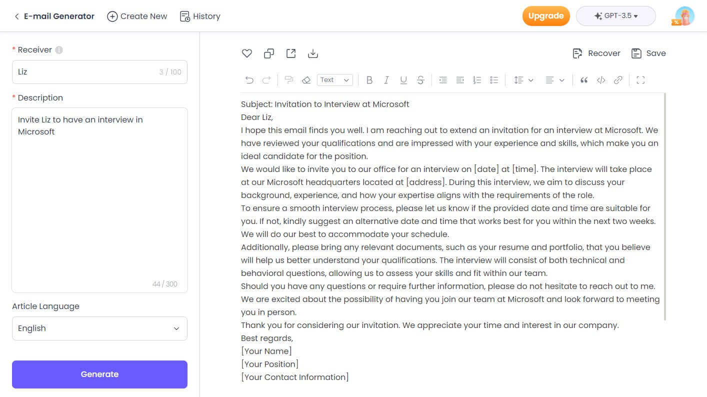 Check the content in AI email generator