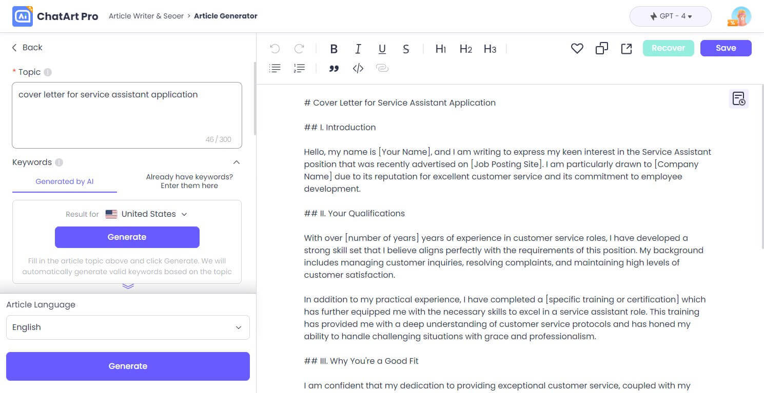 Create a cover letter with ChatArt AI Writer
