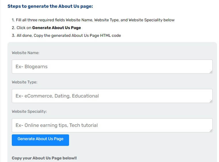 free about us page generator for blogger