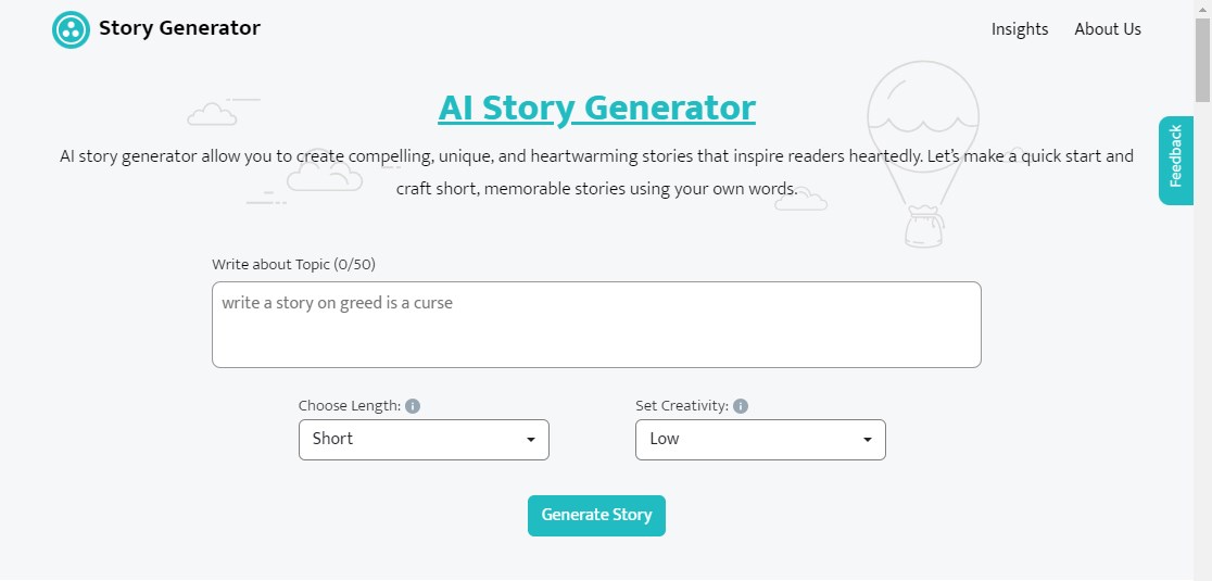 main interface of AI story generator