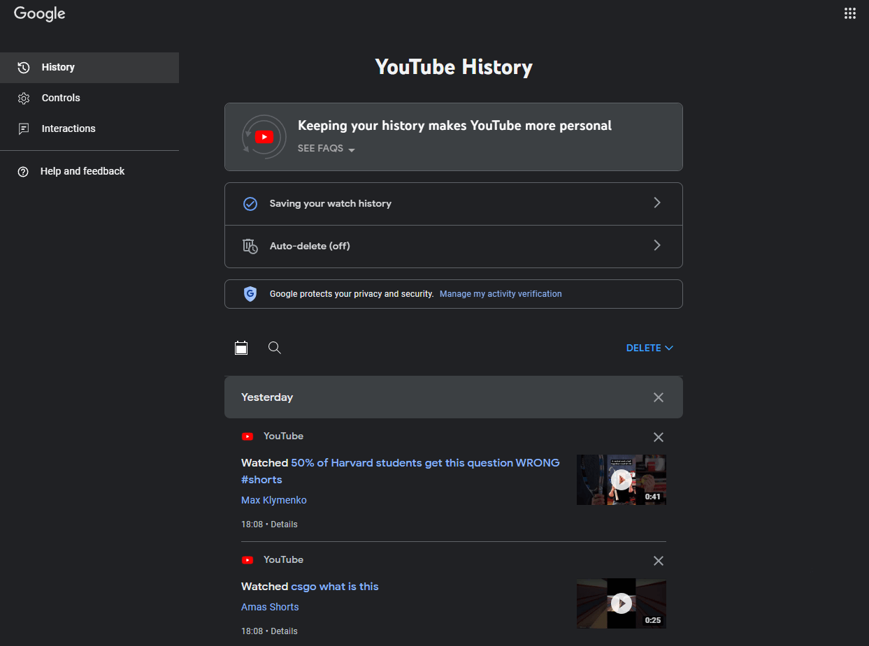 chrome youtube history