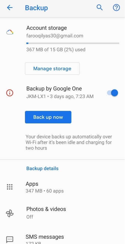 create backup on google account