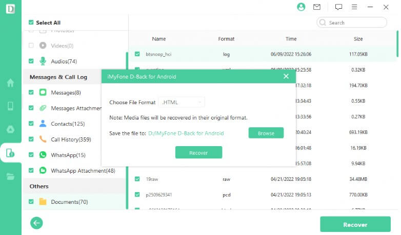 preview and recover datas