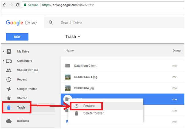 restore google drive trash folder