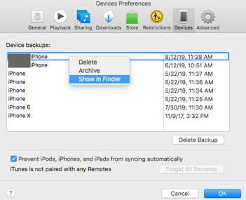 find backup in itunes