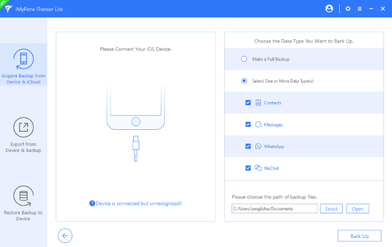 choose to backup fully or selectively