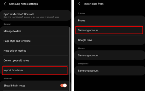 import data from samsung account