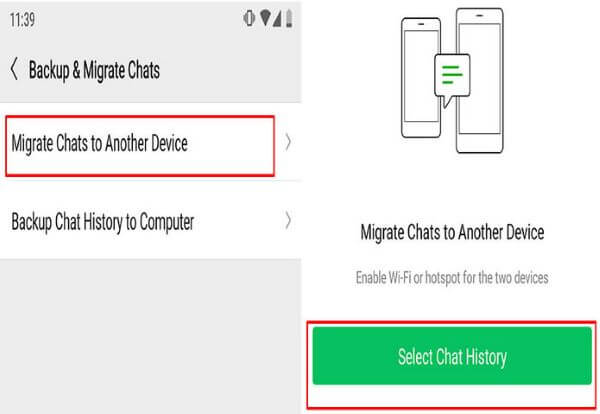 select chat history to migrate on phone