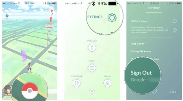 sign out from pokemon go