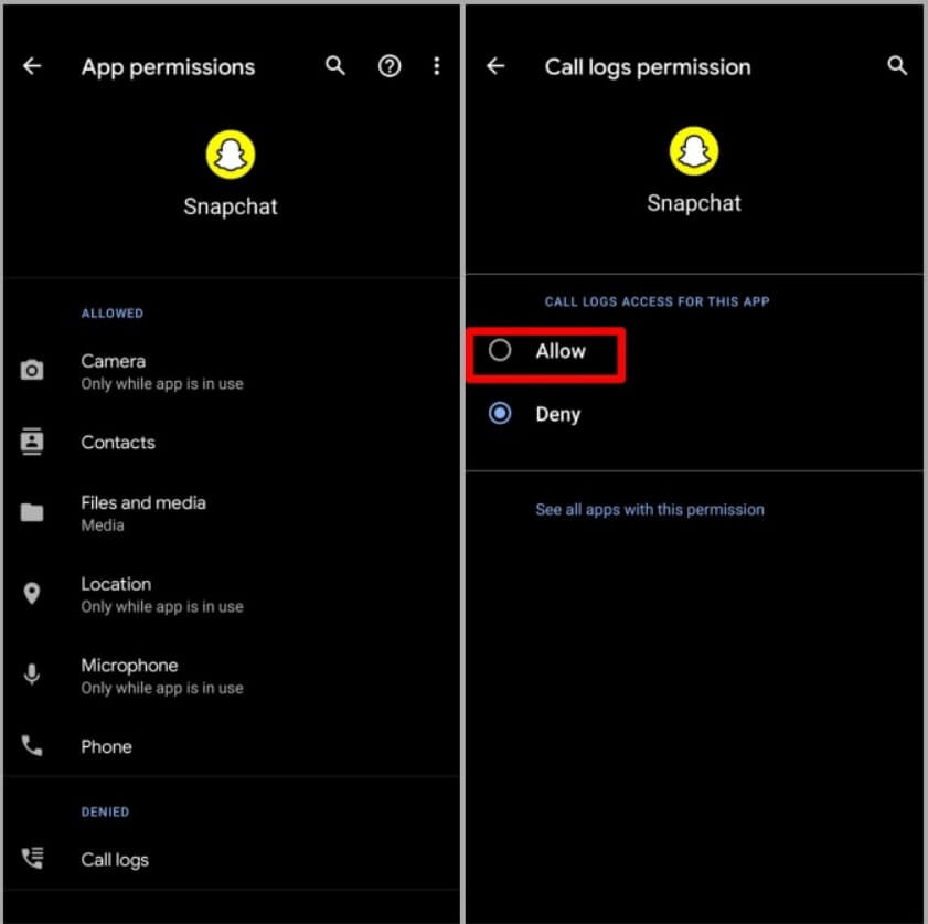 Change Snapchat Permission android
