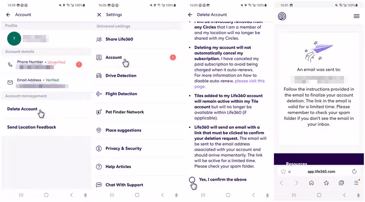 how to delete life360 account