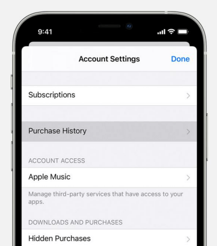 settings apple id account purchase history
