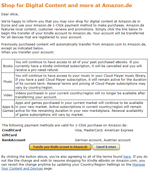 transfer kindle account to another country