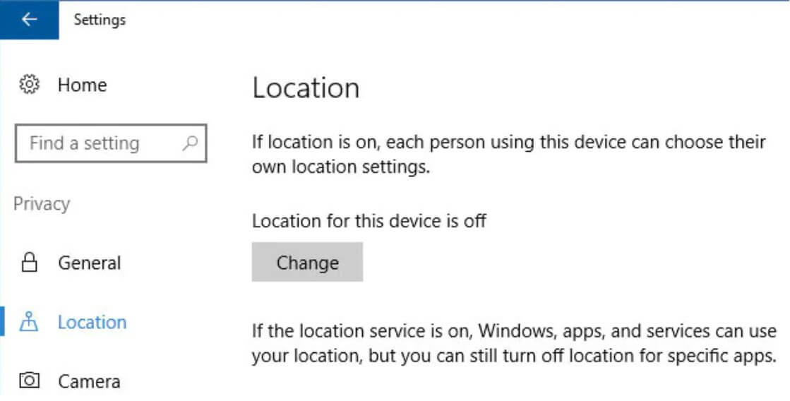 windows setting location