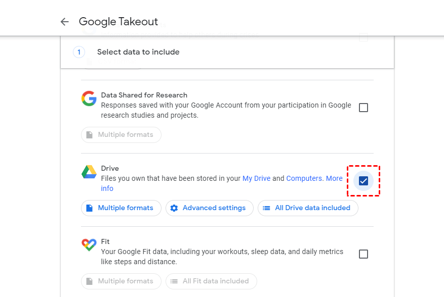 select folders for google takeout