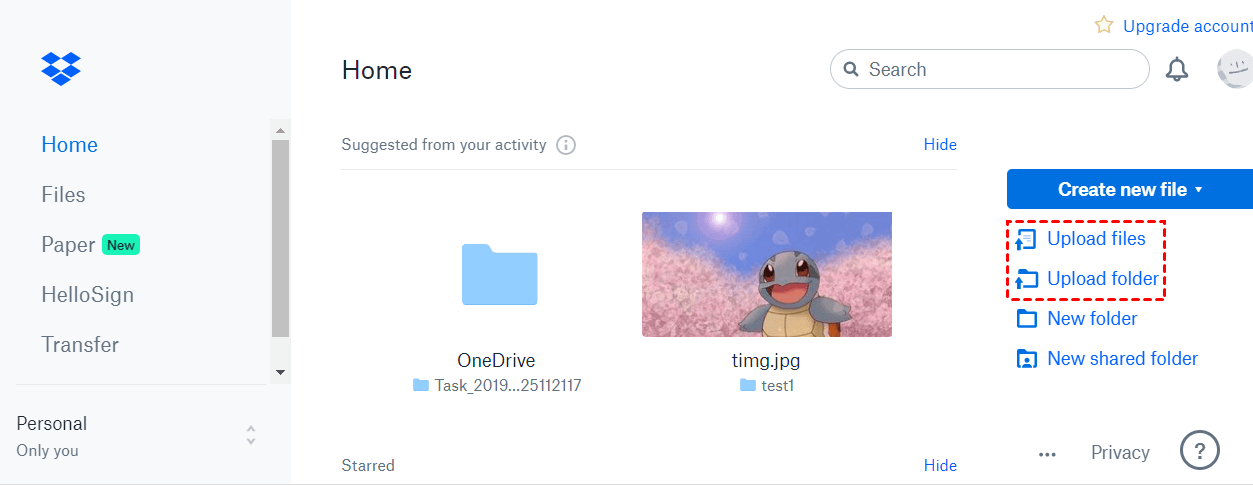 upload the downloaded files or folders