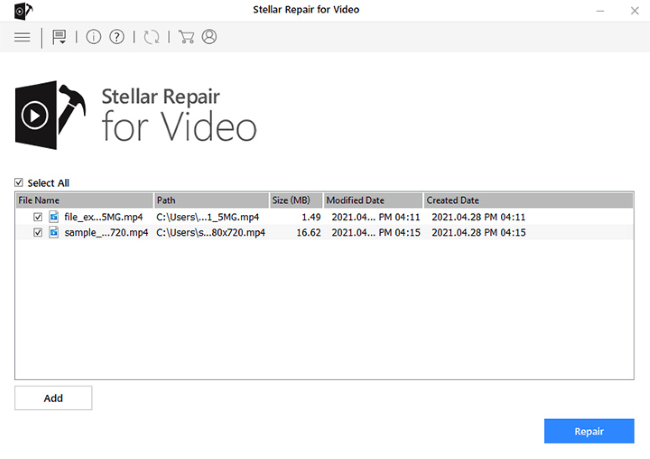 stellar video repair start to repair files