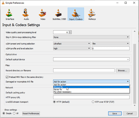 vlc media player choose always fix