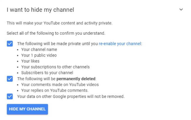 youtube choose to hide my channel