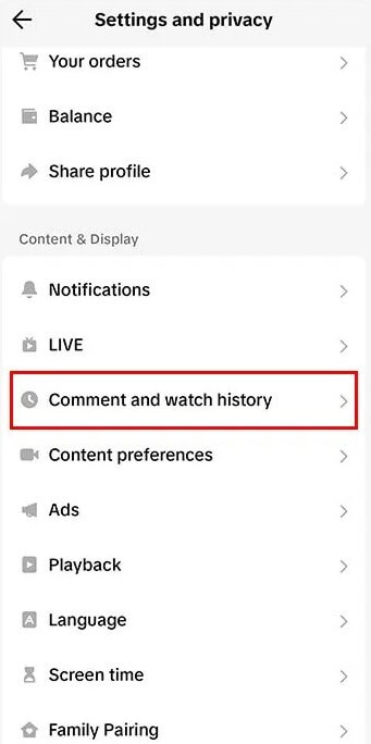 comment and watch history settings on TikTok