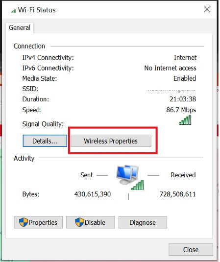 Wireless Properties windows