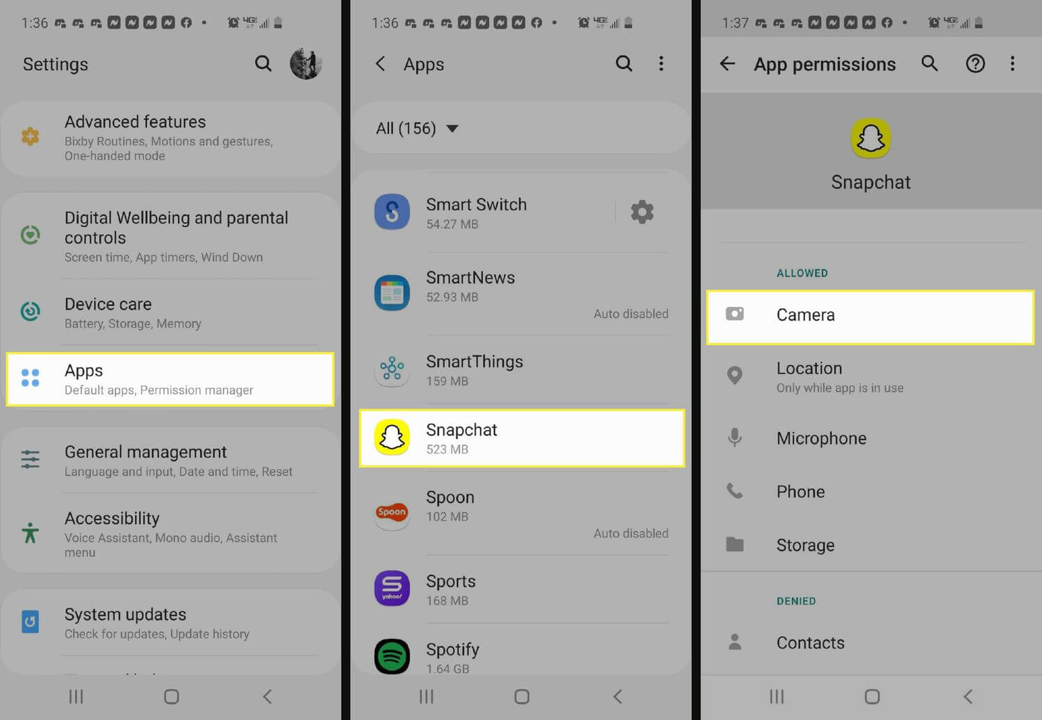 Allow the Camera Permission on Snapchat Android