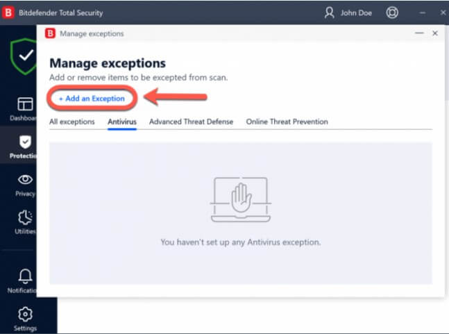 Bitdefender total security add an exception