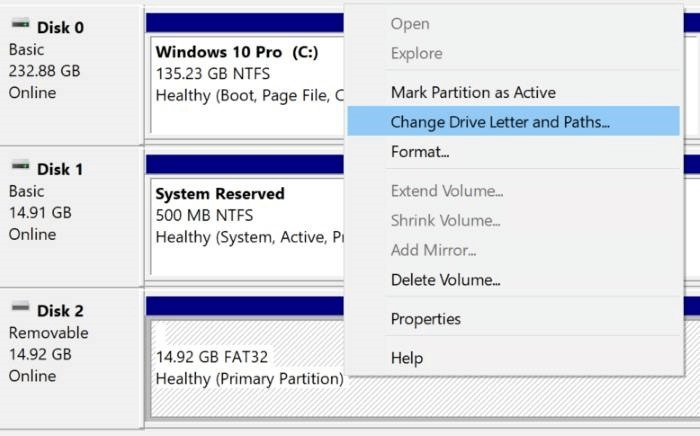windows disk management change drive letter