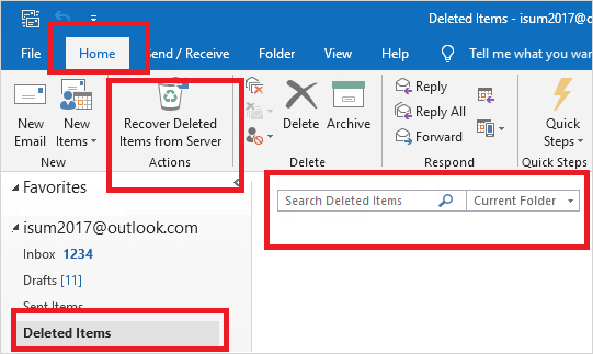 Recover Deleted Items in the Deleted Folder the Server outlook