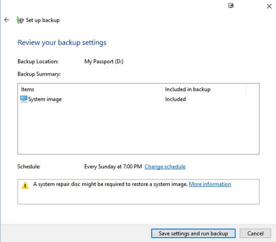 choose the save settings and run backup button