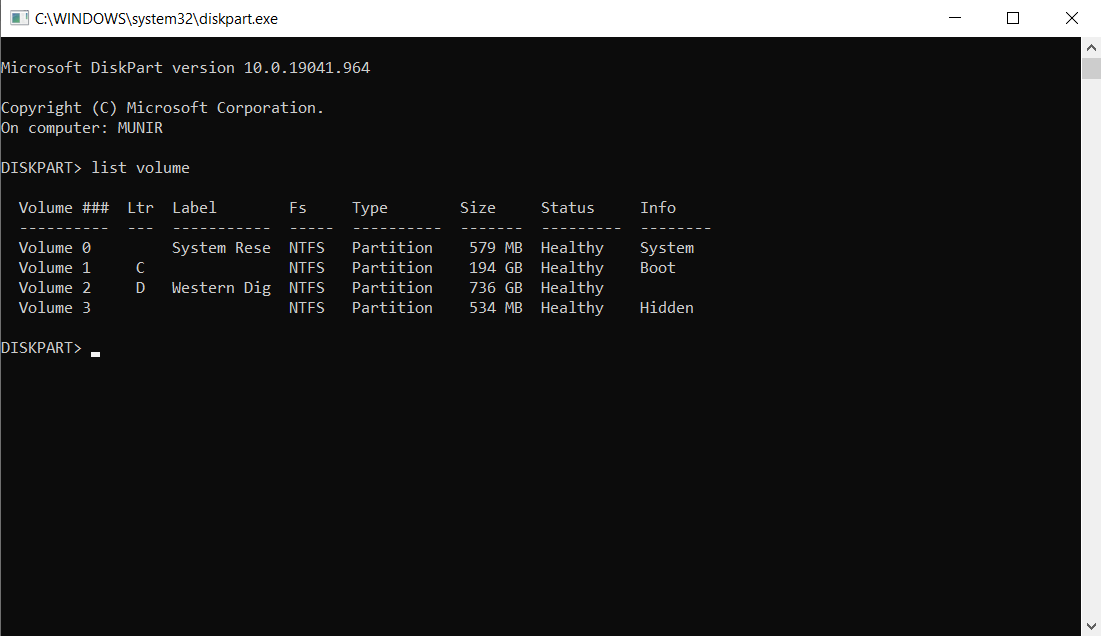 diskpart volume check