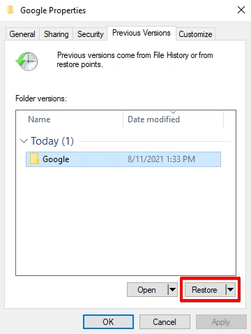 Recover Deleted Photos from Previous Versions