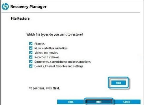 hp recovery manager select files