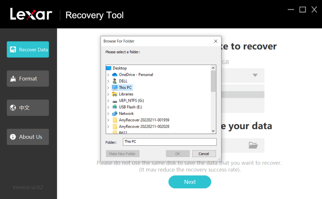 lexar recovery tool select destination