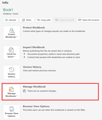 manage workbook to recover unsaved excel