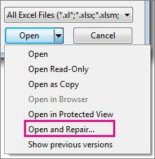 ms excel select open and repair